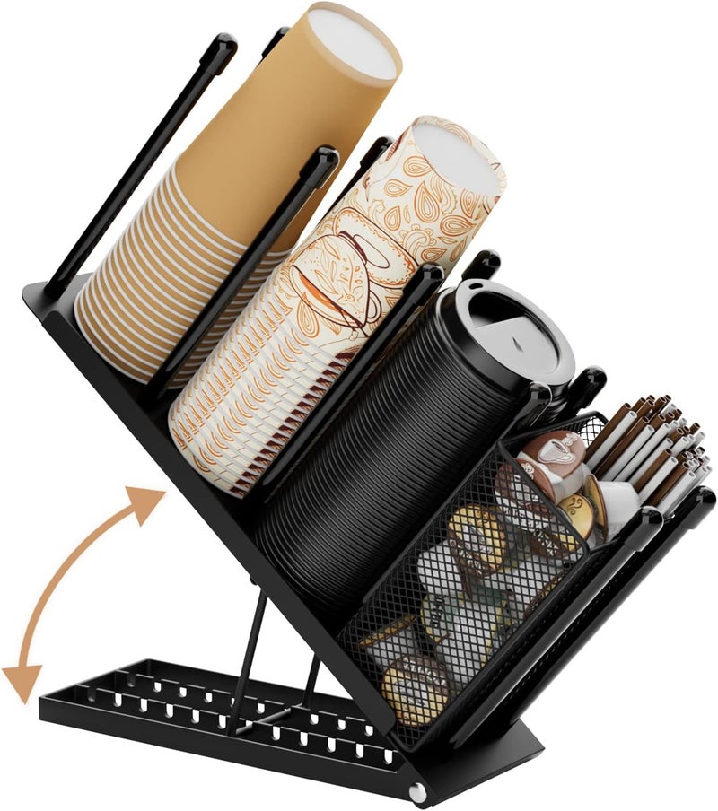 OVICAR Cup and Lid Holder - Adjustable Coffee Cup Holder Organizer 4 Compartment Disposable Cup Dispenser with Coffee Pod Straw Storage Basket for Coffee Station Bar Countertop Breakroom Metal Black - Image 1